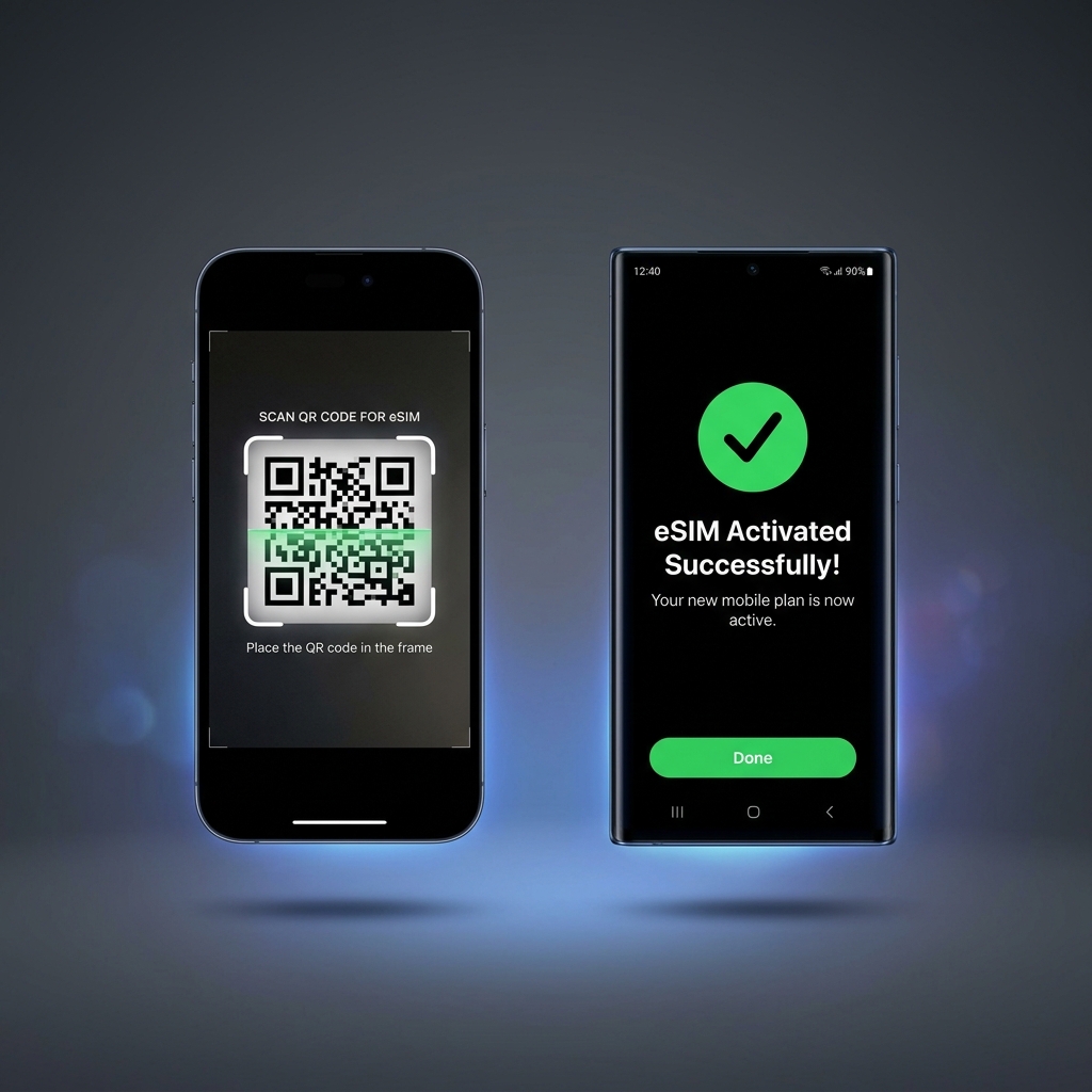 eSIM QR code activation on iPhone and Samsung